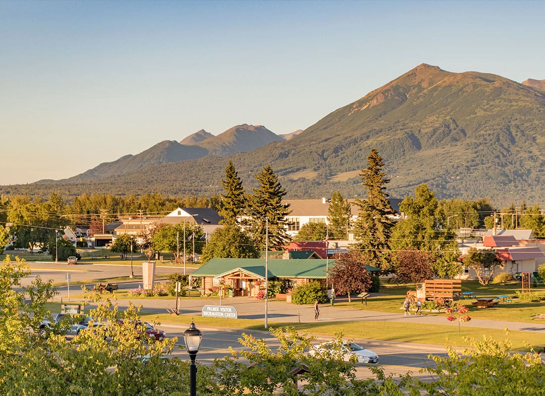 Palmer, AK - Palmer Visitor Information Center and a View of the Chugach Range in Summertime, Palmer, Alaska
